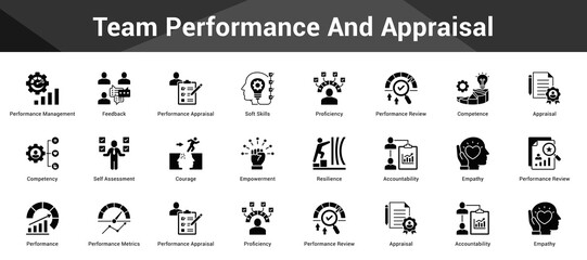 Team Performance And Appraisal Cohesive set of minimalist vector icons representing key ideas with visual clarity