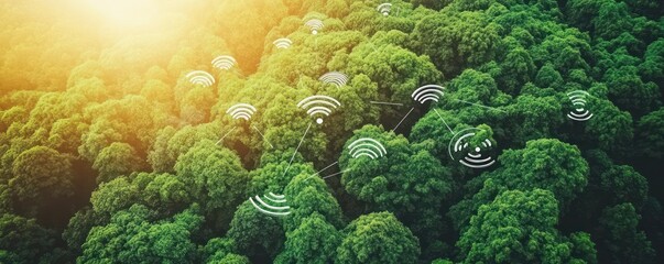 Smart forest aerial view, sunlit canopy, IoT network. Eco-conservation