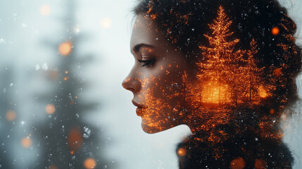 Double exposure portrait of woman with glowing forest landscape overlay, artistic creative concept representing inner peace and connection with nature
