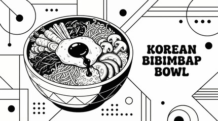 Obraz premium Korean bibimbap with mixed vegetables, rice, and egg, representing balanced Asian cuisine in minimal vector style