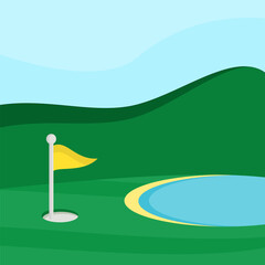 Golf Course Landscape Illustration with Green Fairway, Hole Flag and Water Hazard under Clear Blue Sky for Outdoor Sports, Tournament Background and Leisure Concept