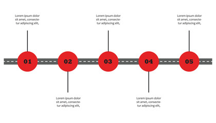 This modern five-step road map template is ideal for visualizing business processes, project ,or sequential development stages. Use this infographic vector for presentations or planning documentation. © Luh Sutami