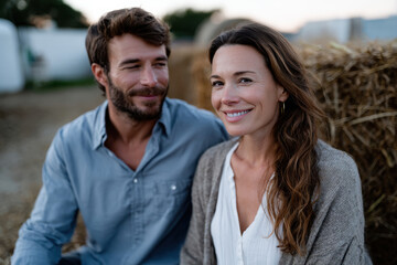 Obraz premium A cheerful couple relaxes together on a farm, enjoying a moment of happiness, demonstrating love and connection amid the serene backdrop of nature and countryside life.