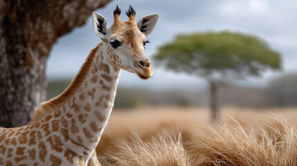 Giraffe standing in savannah grass with tree and soft sky wildlife safari nature conservation concept