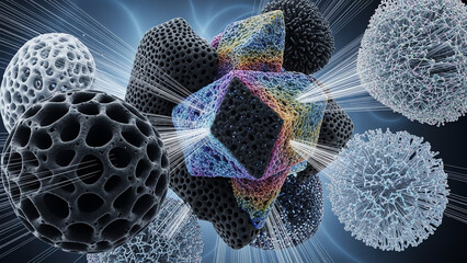 Porous Black Cube with Colorful Stacked Layers and Surrounding Spheres