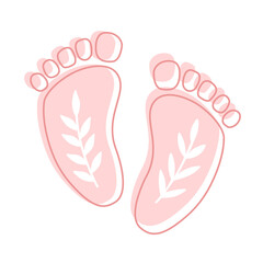 Scandinavian boho baby feet with leaves symbols. Baby girl footprints with leaves imprints. Hand drawn isolated vector element for baby shower or gender reveal decoration.