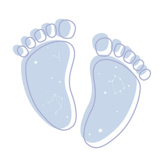 Scandinavian boho baby feet with space symbols. Baby boy footprints with galaxy stars imprints. Hand drawn isolated vector element for baby shower or gender reveal decoration