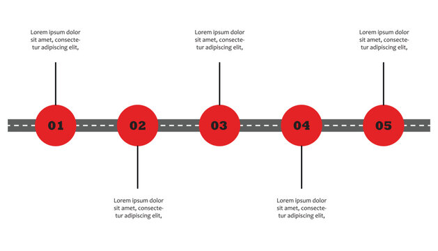 This modern five-step road map template is ideal for visualizing business processes, project ,or sequential development stages. Use this infographic vector for presentations or planning documentation.
