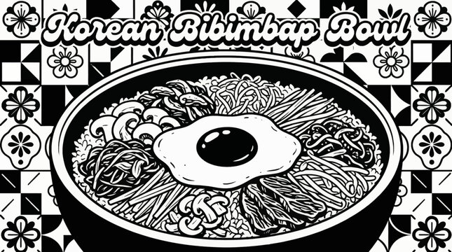 Korean bibimbap with mixed vegetables, rice, and egg, representing balanced Asian cuisine in minimal vector style