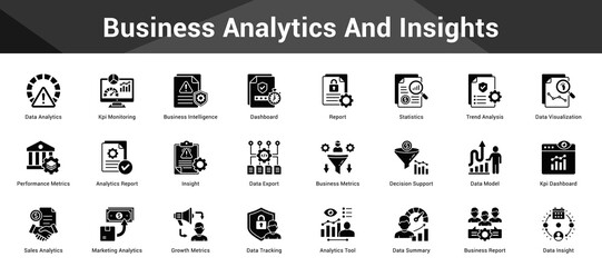 Business Analytics And Insights Cohesive set of minimalist vector icons representing key ideas with visual clarity