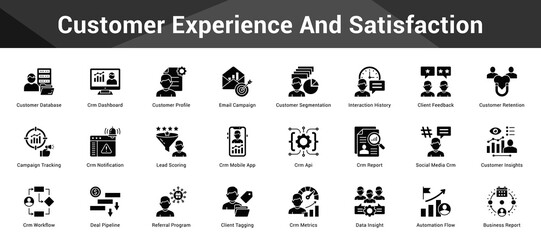 Customer Experience And Satisfaction Cohesive set of minimalist vector icons representing key ideas with visual clarity