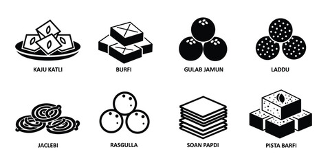 Collection of indian sweets icons vector illustration with labels food dessert