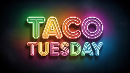 Vibrant neon sign reading taco tuesday in colorful glowing letters on dark background with food and mexican and cuisine and restaurant and marketing and meal and dinner