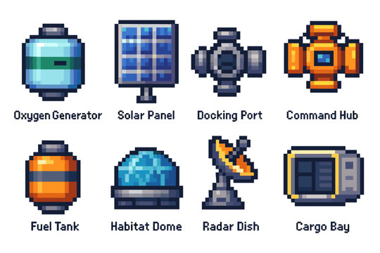 Pixel art space icons: docking port, solar panel, habitat dome, radar dish with fuel tank