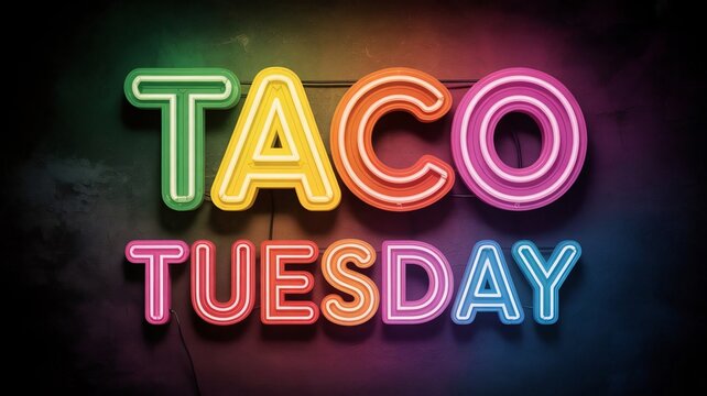 Vibrant neon sign reading taco tuesday in colorful letters on dark background with food and mexican and restaurant and advertising and promotion and weekday and meal