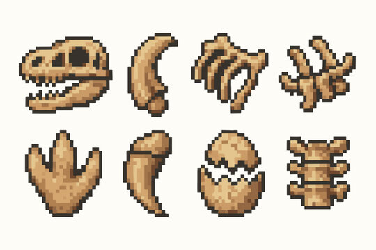 Pixel art dinosaur fossils collection: skull, claw, egg, spine, ribcage