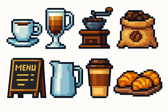Pixel art coffee essentials: mugs, grinder, beans, and bakery display