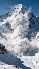 Mountain avalanche explosion with snow shockwave and billowing dust cloud in cold daylight