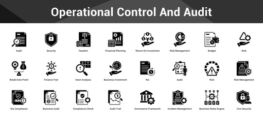 Operational Control And Audit Cohesive set of minimalist vector icons representing key ideas with visual clarity