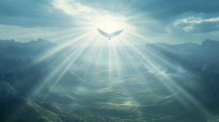 Angels descending over a vast landscape, beams of divine light illuminating the ground below, calm expressions, realistic textures, inspirational stock style