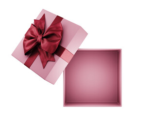 Open pink present box wrapped with red bow tie isolated on white background. Valentine's day giftbox for luxury product mockup. Mother's day, woman, birthday, anniversary holiday celebration.