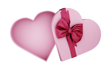 Pink heart shaped present box wrapped with red bow tie isolated on white background. Valentine's day giftbox for luxury product mockup. Mother's day, woman, birthday, anniversary holiday celebration.