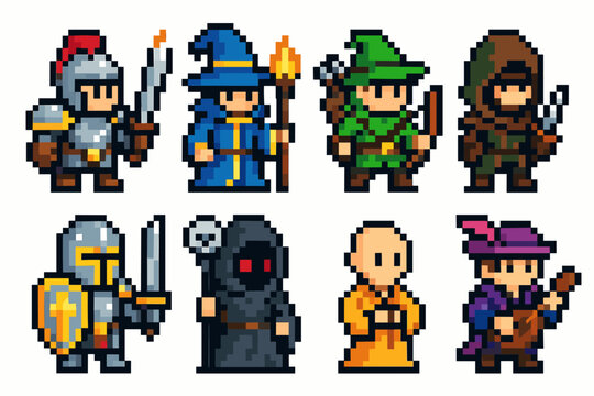 Pixel art fantasy characters: knight, wizard, archer, rogue, paladin, necromancer, monk, bard