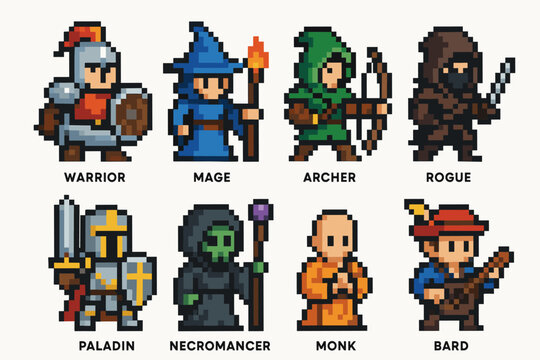 Pixel art fantasy characters: warrior, mage, archer, rogue, paladin, necromancer, monk, bard