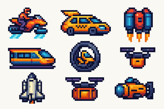 Pixel art futuristic vehicles collection: jet ski, taxi, rocket pack, train, drone - Powered by Adobe