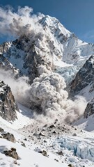 Dramatic mountain avalanche with massive snow dust cloud and collapsing peak