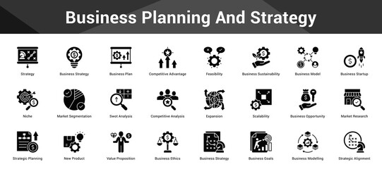 Business Planning And Strategy Cohesive set of minimalist vector icons representing key ideas with visual clarity