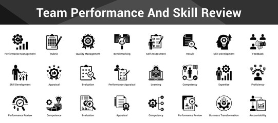 Team Performance And Skill Review Cohesive set of minimalist vector icons representing key ideas with visual clarity