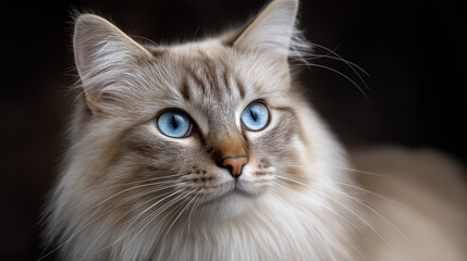 Obraz premium Fluffy blue eyed cat portrait on dark background domestic pet beauty and animal love concept
