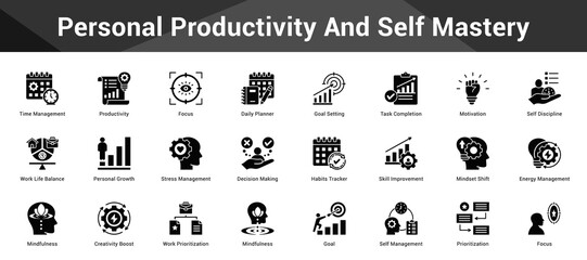Personal Productivity And Self Mastery Cohesive set of minimalist vector icons representing key ideas with visual clarity