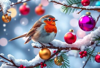 A whimsical winter scene featuring a festive robin perched on a snowy branch with colorful ornaments,  branch,  digital art