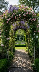 Fototapeta premium Romantic Garden Path Through a Blooming Rose Archway.