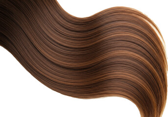 Meticulously styled glossy, healthy brunette hair lock with caramel highlights and soft waves, against transparent studio background with copy space, soft lighting, hair care and beauty industry