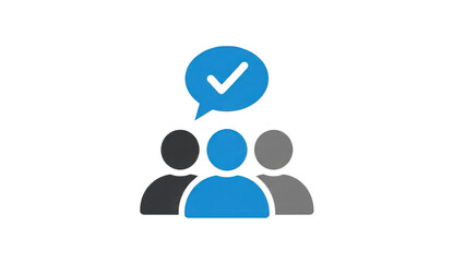 Blue Speech Bubble with Checkmark Above Three People isolated on a transparent background group
