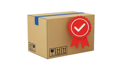 Cardboard Shipping Box with Blue Tape and Red Checkmark Seal isolated on a transparent background