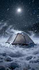 Tent shaking violently in a blizzard at night with snow piling up on fabric, extreme weather camping survival scene