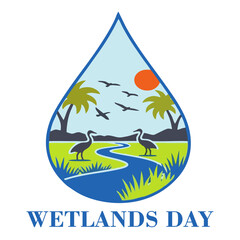 World Wetlands Day Conservation Badge: Sustainable Ecosystem Illustration with Herons and Palm Trees