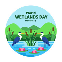 World Wetlands Day Illustration: Eco-Friendly Design with Herons and Water Lilies