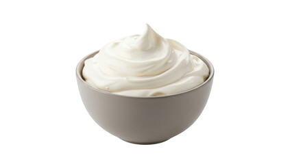 Creamy white whipped topping swirled in a light gray bowl isolated on a transparent background