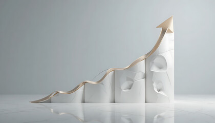 White 3 D bar chart with rising gold ribbon arrow graph