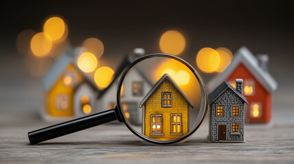 Magnifying glass highlighting a small house as a symbol of first home purchase, mortgage planning and responsible financial decision making.