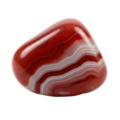 polished, smooth, tumbled red agate gemstone with vibrant red, white concentric bands, organic shape, isolated on a transparent background, macro photography. Concept of natural geological beauty