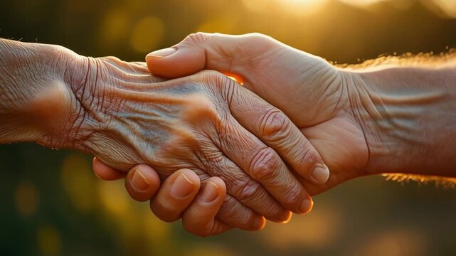 Meaningful handshake between an older and younger hand, symbolizing intergenerational support, care, trust, and empathetic connection, captured with warm, natural lighting