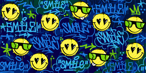 Cool Abstract Street Art Graffiti Style Happy Smiling Face Background Template
