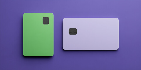 Blank green and light purple cards with embedded chips, ideal for presenting finance, banking, or payment solutions