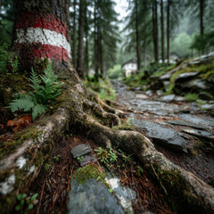 Forest trail with roots and stones, route marking on tree, damp atmosphere, hiking, ecotourism, nature, perspective, silence.
